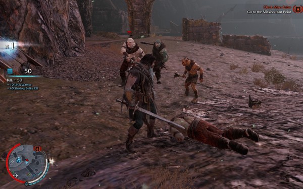 Some orcs about to meet their end in stab-em-up Shadow of Mordor.